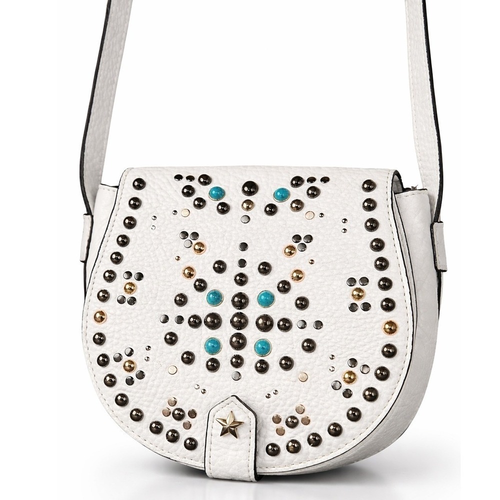 Rebecca Minkoff Skylar Mini Saddle Bag White Studded Leather Crossbody Turq Boho